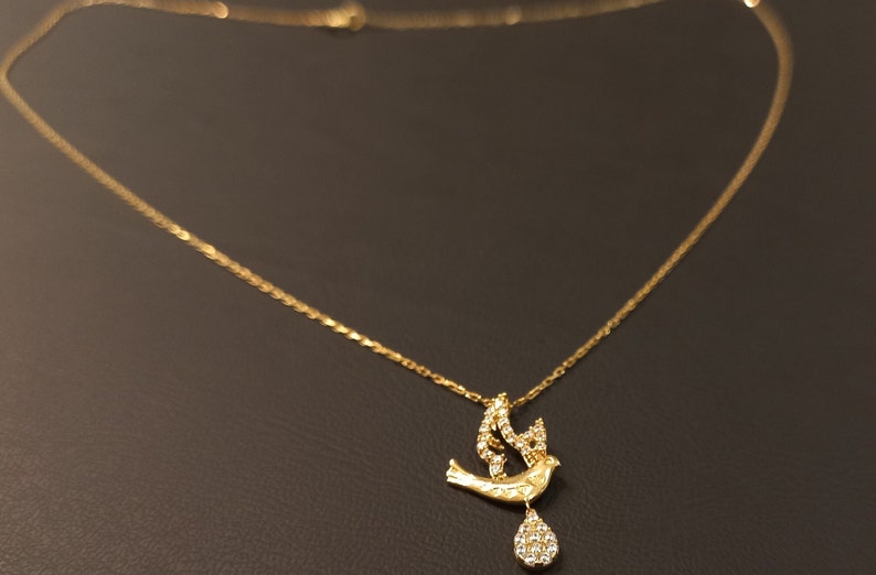 8K Gold Necklace, Droplet Feathered Charm, Nature-Inspired Water Pendant, Gold Bird, Water Drop Bird Necklace, Bird with Teardrop Pendant image 2