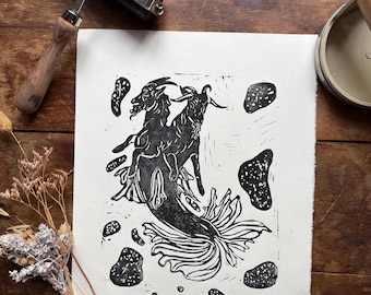 Steinbock Linoldruck: Ziege, Meerjungfrau - Signierte Edition