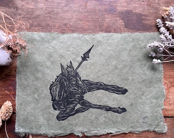 Hand-Printed Spear Unicorn Linocut, A5 Surreal Fantasy Art, Medieval Wall Art