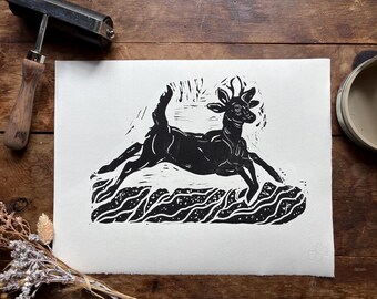 Virgo Sternzeichen Linoldruck: Hirsch Illustration, signierte Edition