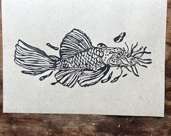 Pleco Linocut Print, A5 Original Linoprint, Aquarium Fish Art