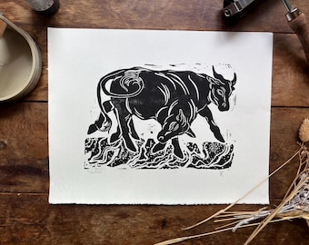 Stier Linoldruck: Sternzeichen Stier & Kuh