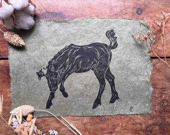 Hand-Printed Mace Unicorn Linocut, A5 Surreal Fantasy Art, Medieval Wall Art