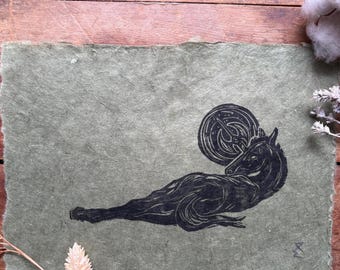 Hand-Printed Pike Unicorn Linocut, A5 Surreal Fantasy Art, Medieval Wall Art