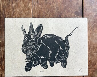 Hand-Printed Bounding Jackalope Linocut, A5 Original Print, Surreal Folk Art