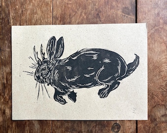Hand-Printed Leaping Jackalope Linocut, A5 Original Print, Surreal Folk Art