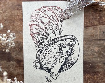 Croissant and Coffee for Breakfast Linocut Print, Hand-Pulled A5 Linoprint