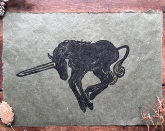 Hand-Printed Longsword Unicorn Linocut, A5 Surreal Fantasy Art, Medieval Wall Art