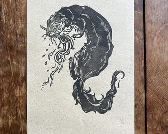 Ferret linocut, A5 Original Linoprint, punk animal art
