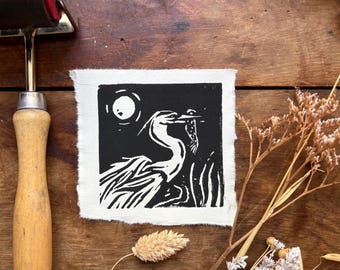 リノカットの鶴と魚の版画：サイン入りオリジナルミニブロックプリント