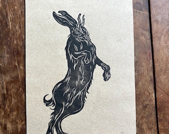 Hand-Printed Boxing Jackalope Linocut, A5 Original Print, Surreal Folk Art