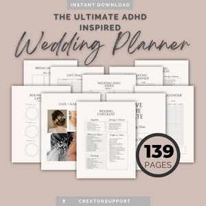 Könnte beinhalten: Ein druckbarer Hochzeitsplaner mit 139 Seiten, der für Menschen mit ADHS entwickelt wurde. Der Planer enthält Checklisten, Kalender und andere hilfreiche Tools für die Planung einer Hochzeit.