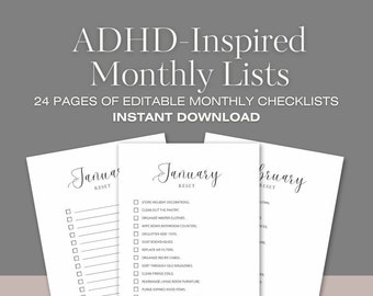 Lista de verificación de limpieza de reinicio mensual de TDAH / Lista de tareas de reinicio mensual / Lista de verificación de limpieza minimalista