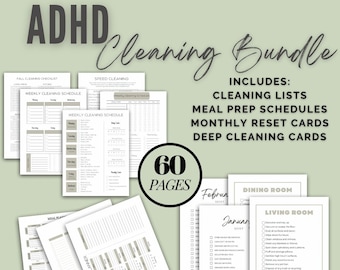 Paquete ENORME de listas de verificación de limpieza para TDAH / Tarjetas de reinicio mensuales / Horarios de preparación de comidas / Tarjetas de limpieza profunda / 60 páginas para organizar y limpiar