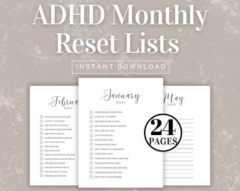 Lista de verificación de limpieza de reinicio mensual de TDAH / Lista de tareas de reinicio mensual / Lista de verificación de limpieza minimalista