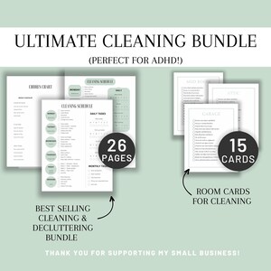 Puede incluir: Un paquete de limpieza imprimible para organizar y ordenar tu hogar. El paquete incluye 26 páginas de listas de verificación y 15 tarjetas de habitaciones para la limpieza. El texto en la imagen dice "Ultimate Cleaning Bundle (Perfect for ADHD!)" y "Best Selling Cleaning & Decluttering Bundle".
