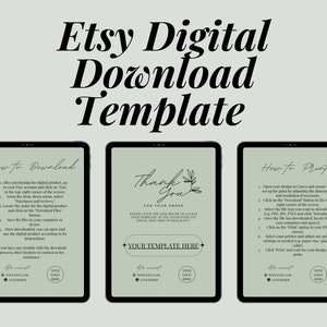 May include: Green digital download instructions for Etsy sellers. The instructions include how to download and print digital products. The text includes "How to Download", "Thank You", and "How to Print".
