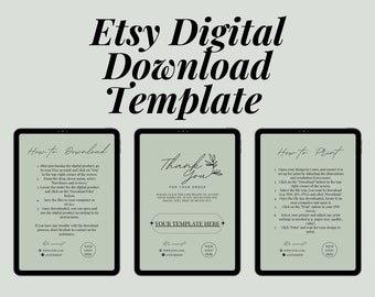 Plantillas de productos digitales de Etsy, nota de agradecimiento por descargas digitales, instrucciones para imprimir de Canva, cómo descargar la página impresa para vendedores