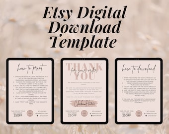 Plantillas de productos digitales de Etsy, nota de agradecimiento por descargas digitales, instrucciones para imprimir de Canva, cómo descargar la página impresa para vendedores