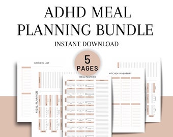 ADHD Meal Planner Printable | Weekly Meal Planner with Grocery list and kitchen inventory list | 7 Day Menu Plan | Food Planner | Meal Prep