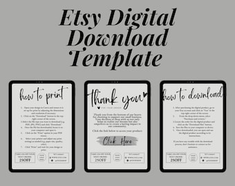 Plantillas de productos digitales de Etsy, nota de agradecimiento por las descargas digitales, instrucciones de impresión de Canva, cómo descargar una página de impresión para vendedores