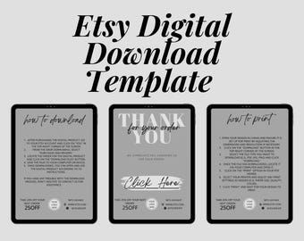 Plantillas de productos digitales de Etsy, nota de agradecimiento por las descargas digitales, instrucciones de impresión de Canva, cómo descargar una página de impresión para vendedores