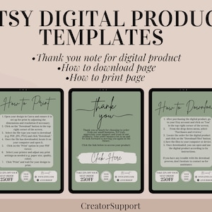 Etsy Digital Product Templates, Thank you note for digital downloads, Canva print instructions, how is to download print page for sellers