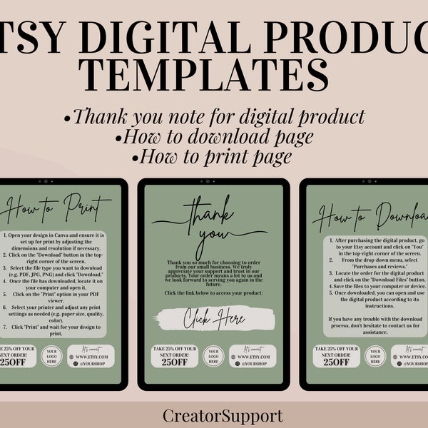 Etsy Digital Product Templates, Thank you note for digital downloads, Canva print instructions, how is to download print page for sellers