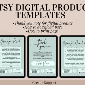 Digital Download Templates, Thank you note for digital downloads, Canva print instructions, how is to download print page for sellers