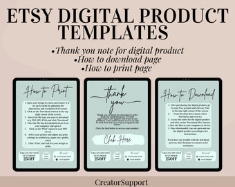 Digital Download Templates, Thank you note for digital downloads, Canva print instructions, how is to download print page for sellers