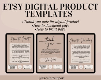 Etsy Digital Product Templates, Thank you note for digital downloads, Canva print instructions, how is to download print page for sellers