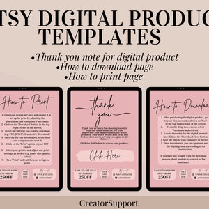 Etsy Digital Product Templates, Thank you note for digital downloads, Canva print instructions, how is to download print page for sellers image 1