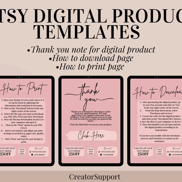 Etsy Digital Product Templates, Thank you note for digital downloads, Canva print instructions, how is to download print page for sellers