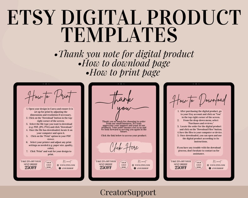 Etsy Digital Product Templates, Thank you note for digital downloads, Canva print instructions, how is to download print page for sellers image 1