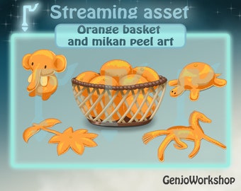 Orange Basket and Four Cute Mikan Peel Art | Streaming and VTuber Asset | Digital Download