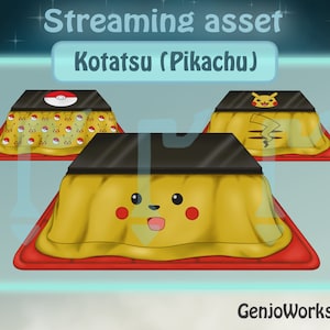 May include: A yellow and red kotatsu with a Pikachu face on the blanket. The kotatsu has a black table top and a red border. The blanket is covered in a Pikachu pattern. The image text reads "Streaming asset Kotatsu (Pikachu)"