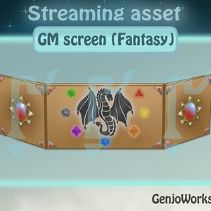 Puede incluir: Una pantalla de DM de tres paneles marrones con una silueta de dragón negro y iconos de dados de colores. La pantalla está etiquetada como "Pantalla de DM (Fantasía)" y "Streaming asset".