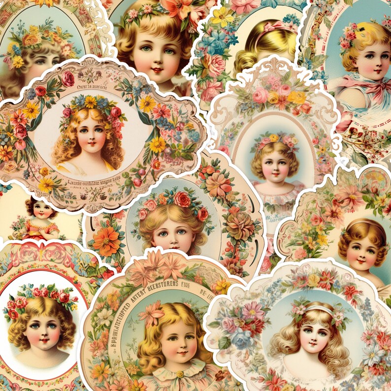 Fussy Cut Vintage Dolls Printable Scrapbooking Ephemera Pack Junk Journal Gift Tags for Wrapping