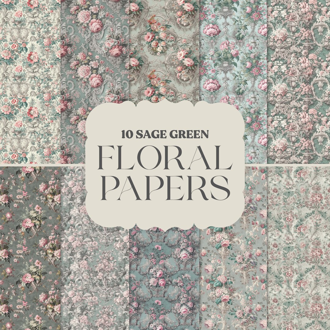 Vintage Sage Green Floral Digital Paper Pack Printable Scrapbook Paper