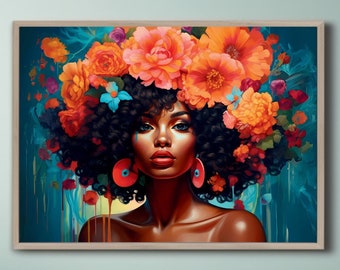 Floral Afro Black Woman Art Print, African American Art | Printable digital download