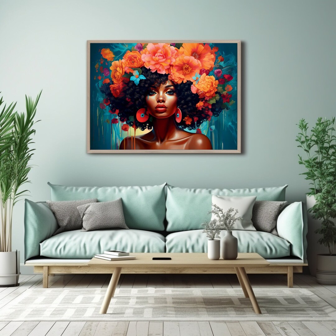 Floral Afro Black Woman Art Print, African American Art | Printable ...