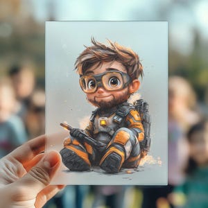 Könnte beinhalten: Eine Cartoon-Illustration eines jungen Menschen in einem gelben und orangenen Overall, einem schwarzen Helm und einer Schutzbrille. Die Person hält eine Waffe und sitzt auf einer grauen Oberfläche.