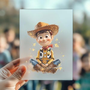 Cowboy Bügelbild – inspiriert von Woody aus Toy Story – Cartoon Fan Art im Aquarellstil – DIY Kinder-T-Shirt Motiv