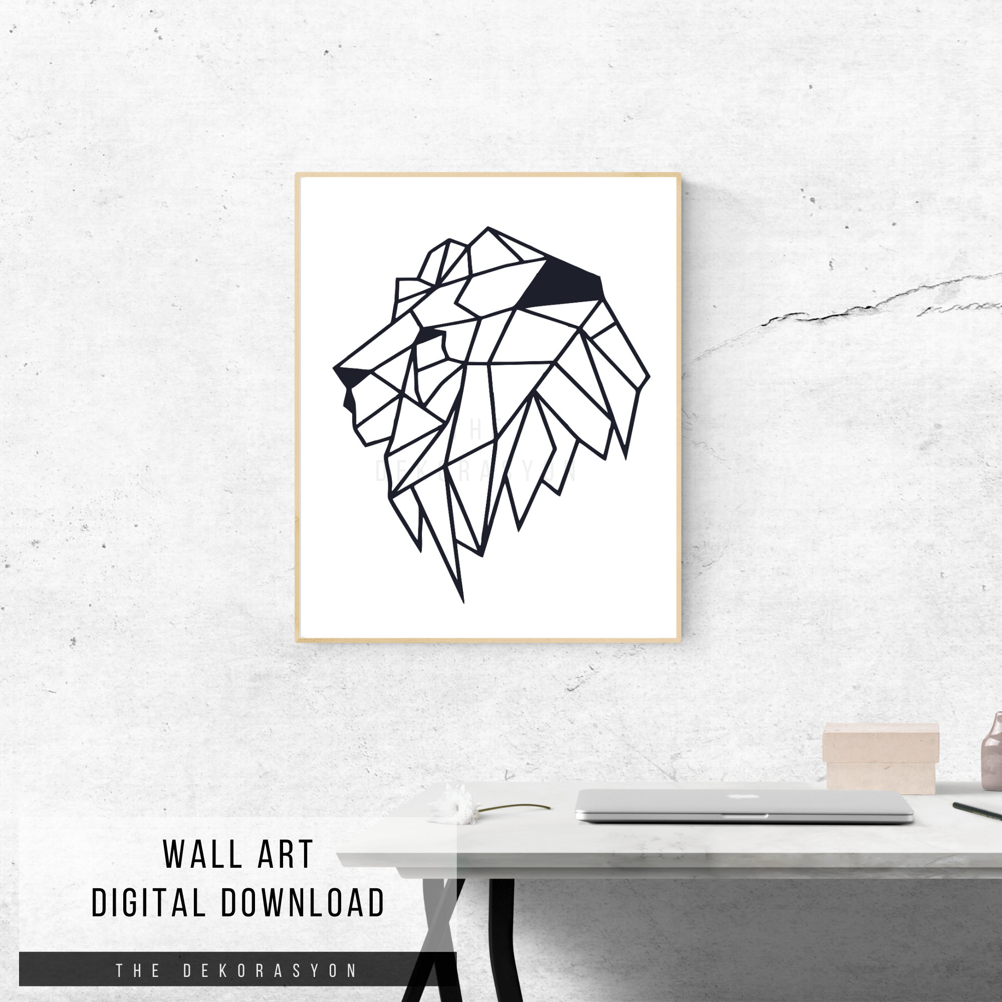 Black and White Geometric Minimalist Lion Head Wall Art Decor | Animal ...