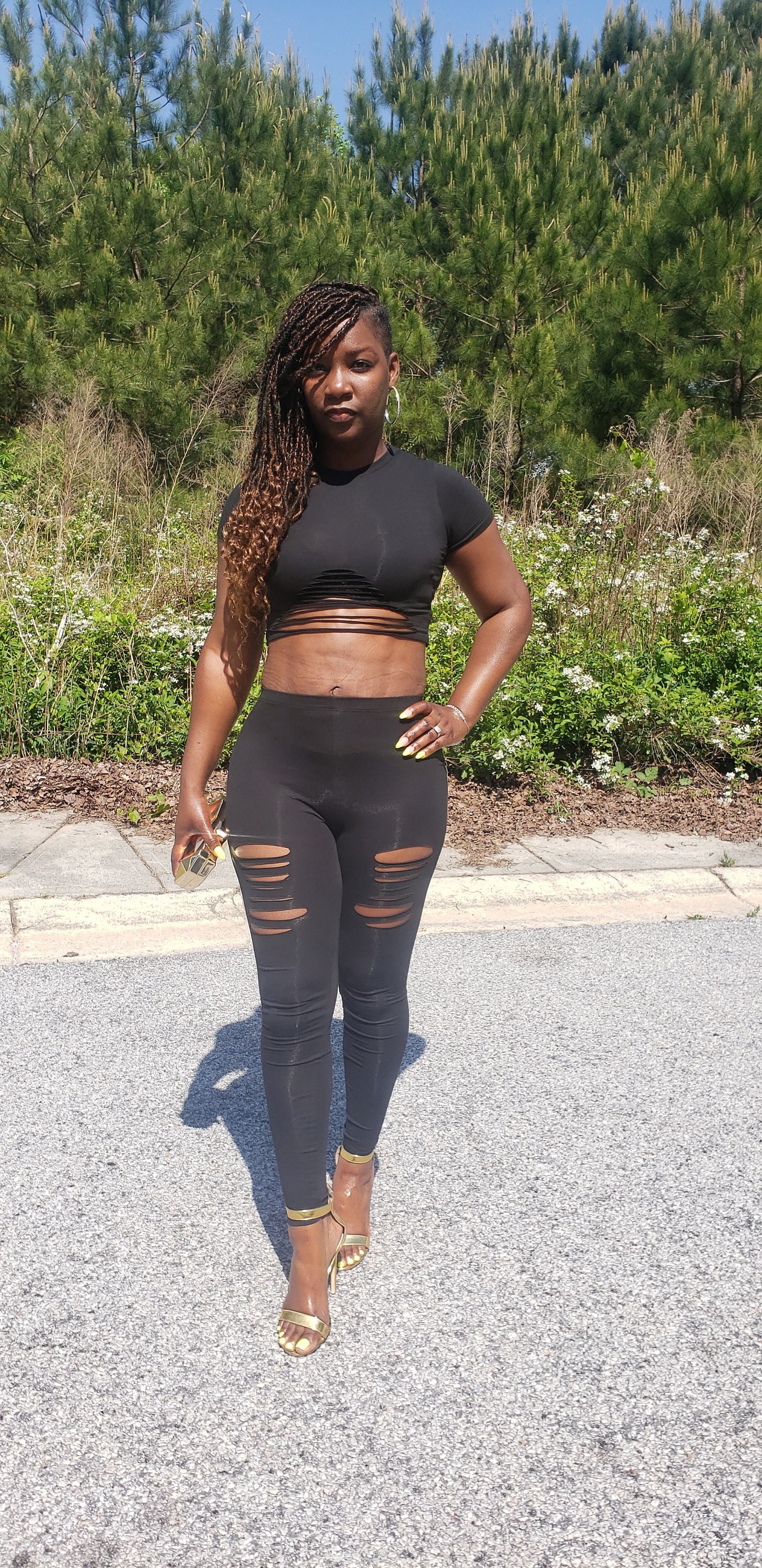 Black Ripped High Waist Leggings and Crop Top Set Etsy Canada