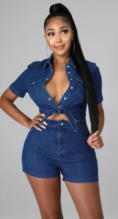 Denim Crop Top Romper Short Set