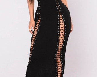 Black Long Pencil dresses with laced thigh slits