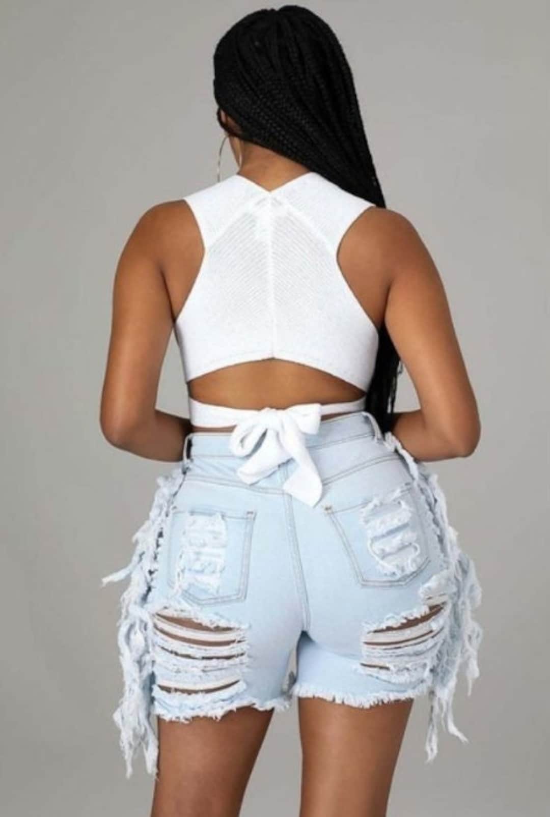 Distressed Pearl Trim Denim Shorts with Pockets main image 0