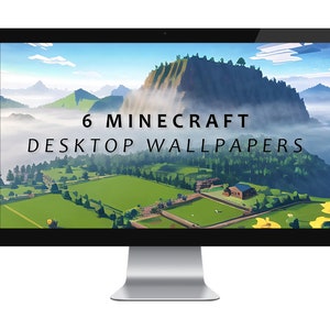 Può includere: Un monitor di computer che mostra uno sfondo desktop a tema Minecraft con un campo verde, una piccola casa e una catena montuosa sullo sfondo. Il testo "6 MINECRAFT DESKTOP WALLPAPERS" è visualizzato sullo schermo.