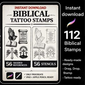 May include: Digital download of 112 Biblical tattoo stamps. The design includes 56 shaded references and 56 stencils. The image features praying hands, crosses, open books, and scrolls with text. Ready-made designs for drag, drop, and stamp use.